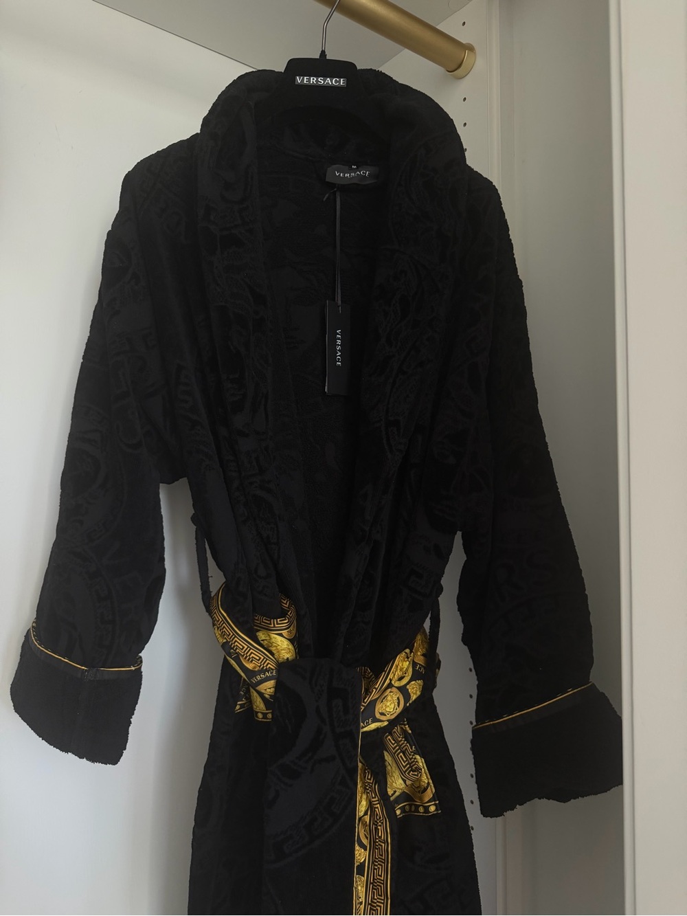 Versace Black Plush Robe with Gold Baroque Trim